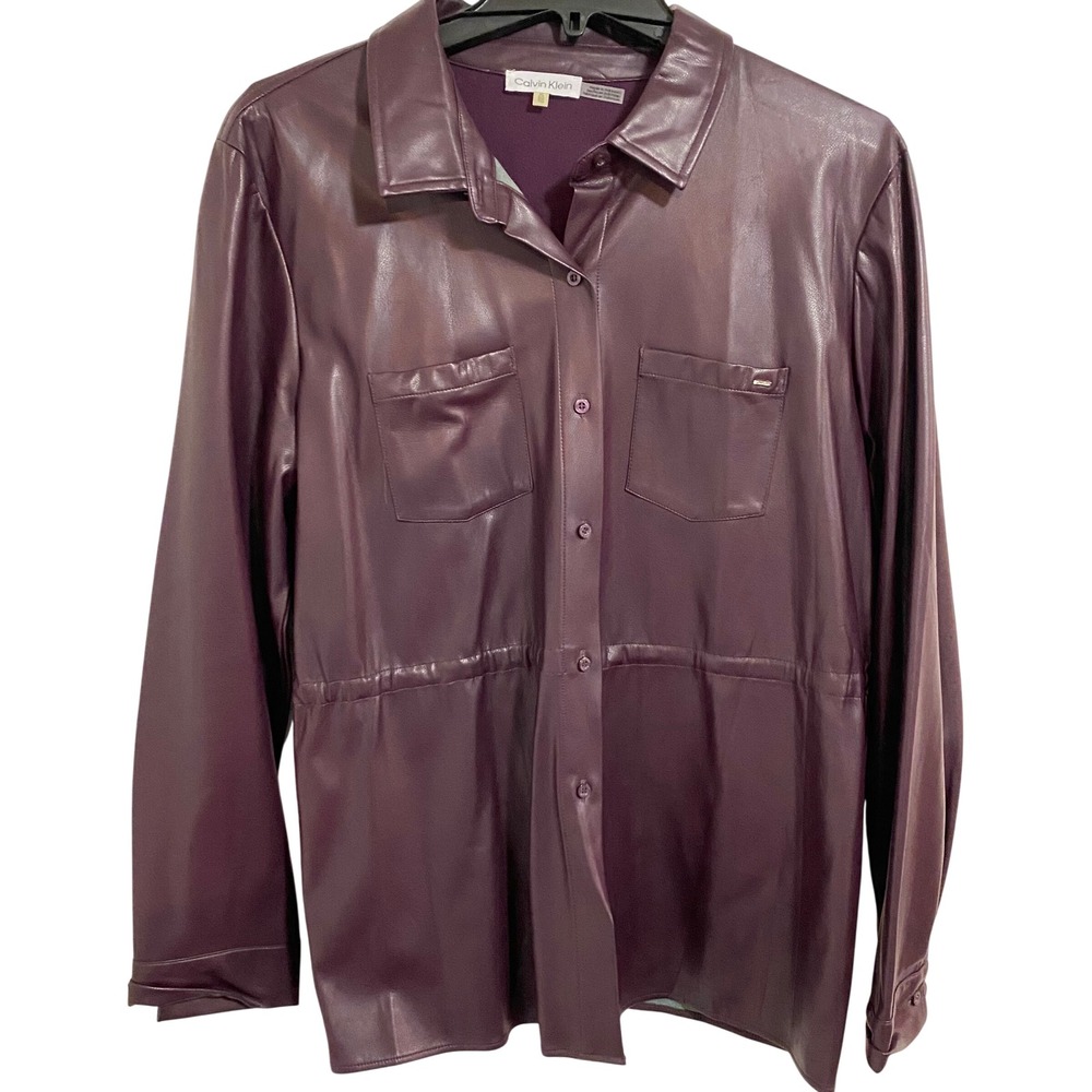 Edgy Calvin Klein Faux Leather Shirt Jacket Womens XL Purple Cinched Waist - Picture 2 of 6